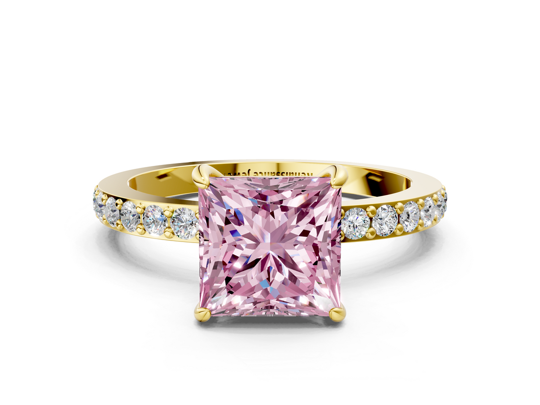 Yellow gold Fancy Pink Princess  Cut Diamond Ring with Pavé Band and Four-Prong Setting