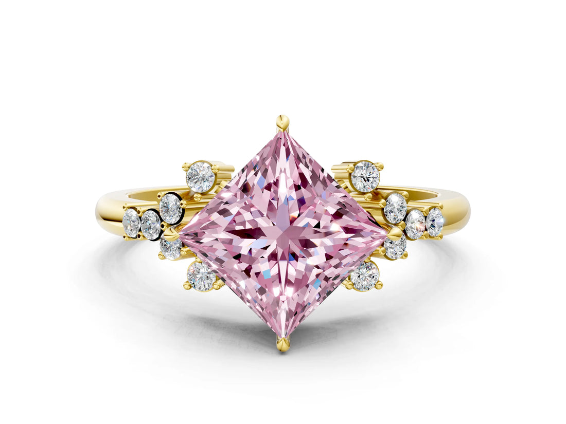 Yellow gold Fancy Pink Princess Cut Diamond Ring with Side Stones and Four-Prong Setting_46
