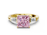 Yellow gold Fancy Pink Princess  Cut Diamond Ring with Tapered Baguette Side Stones in Four-Prong Setting