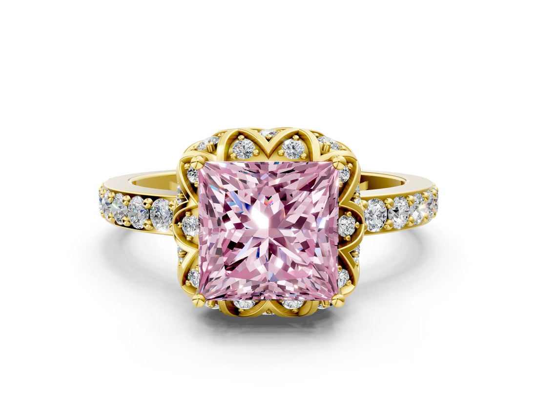Yellow gold Fancy Pink Princess Cut Diamond Scalloped Halo Engagement Ring with Round Shared Prong Band_12