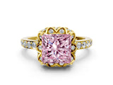 Yellow gold Fancy Pink Princess Cut Diamond Scalloped Halo Engagement Ring with Round Shared Prong Band_12