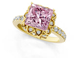 Yellow gold Fancy Pink Princess Cut Diamond Scalloped Halo Engagement Ring with Round Shared Prong Band_13