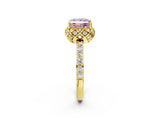 Yellow gold Fancy Pink Princess Cut Diamond Scalloped Halo Engagement Ring with Round Shared Prong Band_14