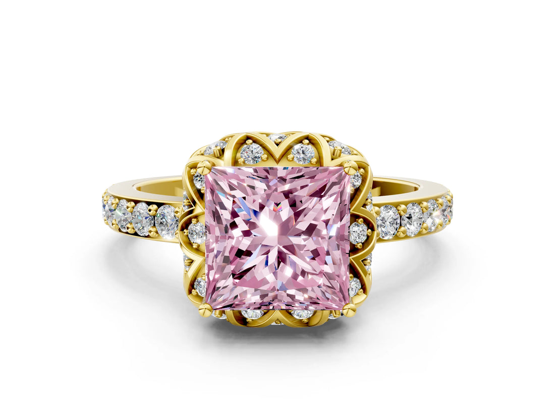 Yellow gold Fancy Pink Princess Cut Diamond Scalloped Halo Engagement Ring with Round Shared Prong Band_24