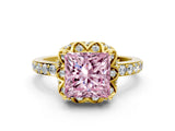 Yellow gold Fancy Pink Princess Cut Diamond Scalloped Halo Engagement Ring with Round Shared Prong Band_24