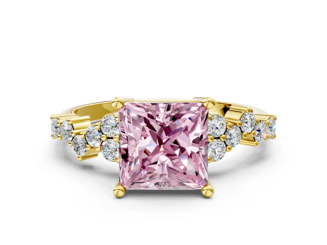 Yellow gold Fancy Pink Princess Cut Diamond Scattered Round Accent Ring with Prong Setting_12