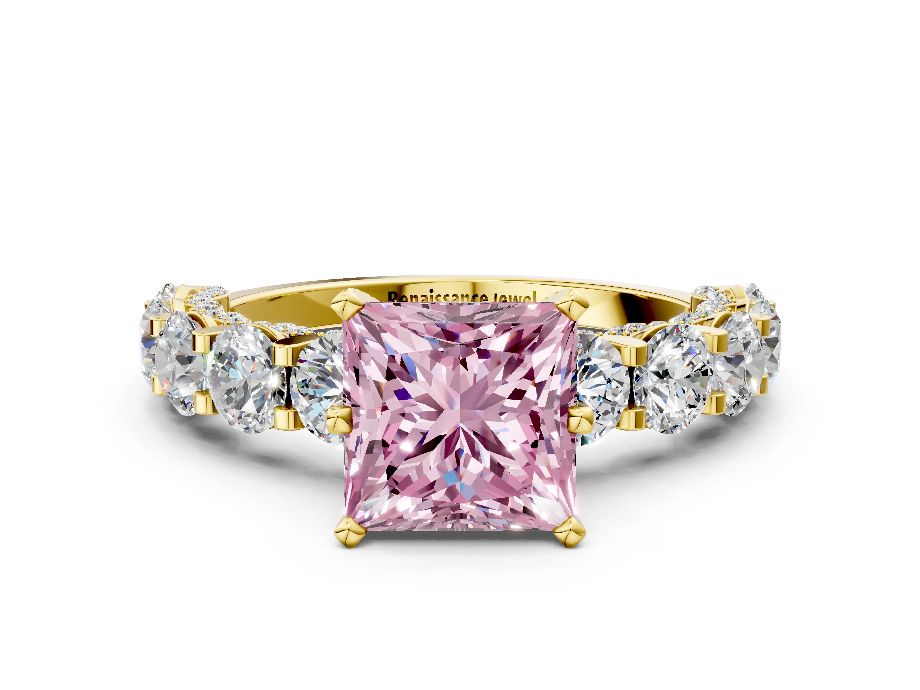 Yellow gold Fancy Pink Princess Cut Diamond Side Stone Engagement Ring with Four-Prong Setting_24