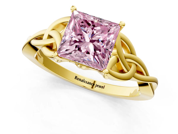 Yellow gold Fancy Pink Princess Cut Diamond Solitaire Celtic Knot Ring with Four-Prong Setting