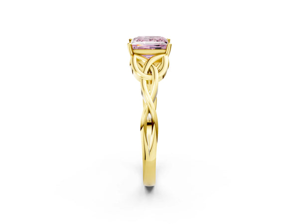 Yellow gold Fancy Pink Princess Cut Diamond Solitaire Celtic Knot Ring with Four-Prong Setting