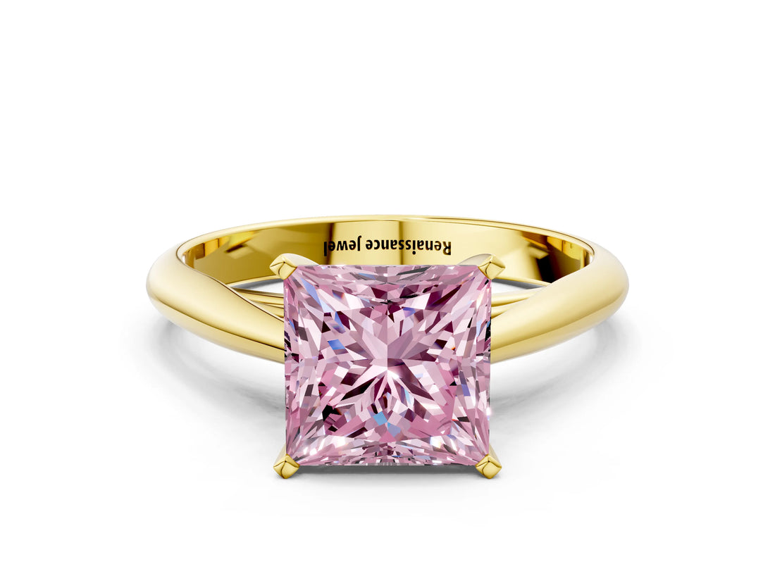 Yellow gold Fancy Pink Princess Cut Diamond Solitaire Engagement Ring with Cathedral Setting and Four-Prong Mount_17