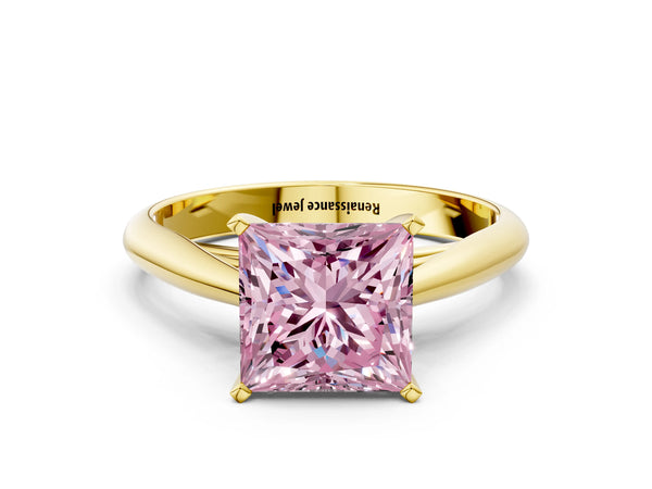 Yellow gold Fancy Pink Princess Cut Diamond Solitaire Engagement Ring with Cathedral Setting and Four-Prong Mount