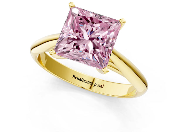 Yellow gold Fancy Pink Princess Cut Diamond Solitaire Engagement Ring with Cathedral Setting and Four-Prong Mount