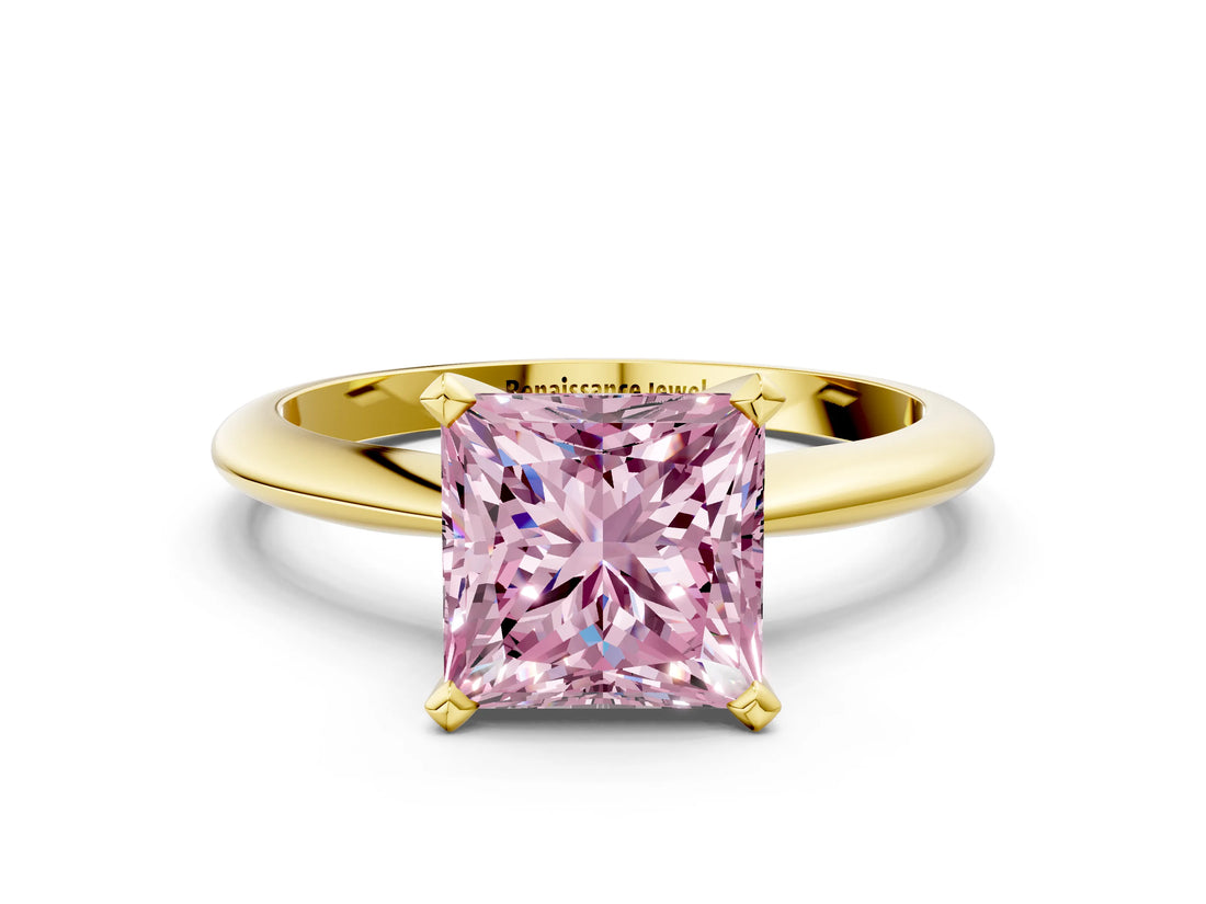 Yellow gold Fancy Pink Princess Cut Diamond Solitaire Engagement Ring with Classic Band and Four-Prong Setting_36