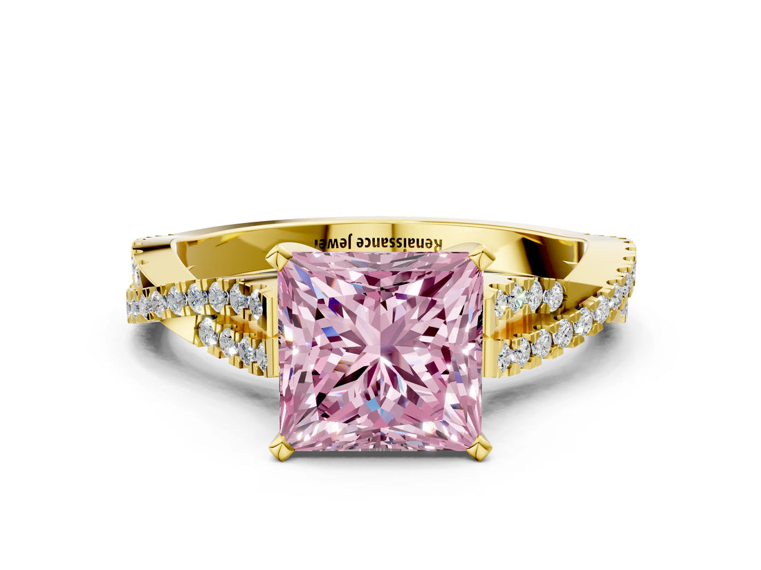 Yellow gold Fancy Pink Princess Cut Diamond Solitaire Engagement Ring with Twisted Pavé Band and Four-Prong Setting_32