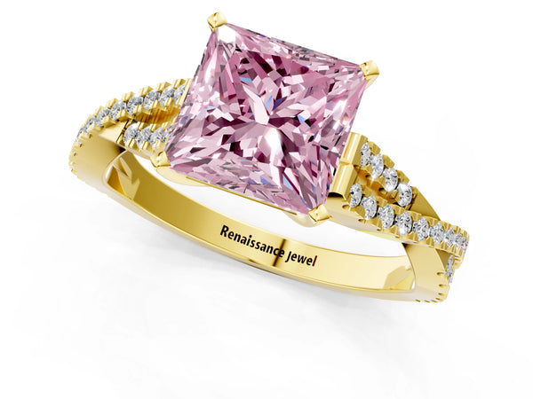 Yellow gold Fancy Pink Princess Cut Diamond Solitaire Engagement Ring with Twisted Pavé Band and Four-Prong Setting