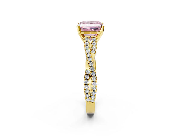 Yellow gold Fancy Pink Princess Cut Diamond Solitaire Engagement Ring with Twisted Pavé Band and Four-Prong Setting