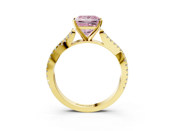 Yellow gold Fancy Pink Princess Cut Diamond Solitaire Engagement Ring with Twisted Pavé Band and Four-Prong Setting