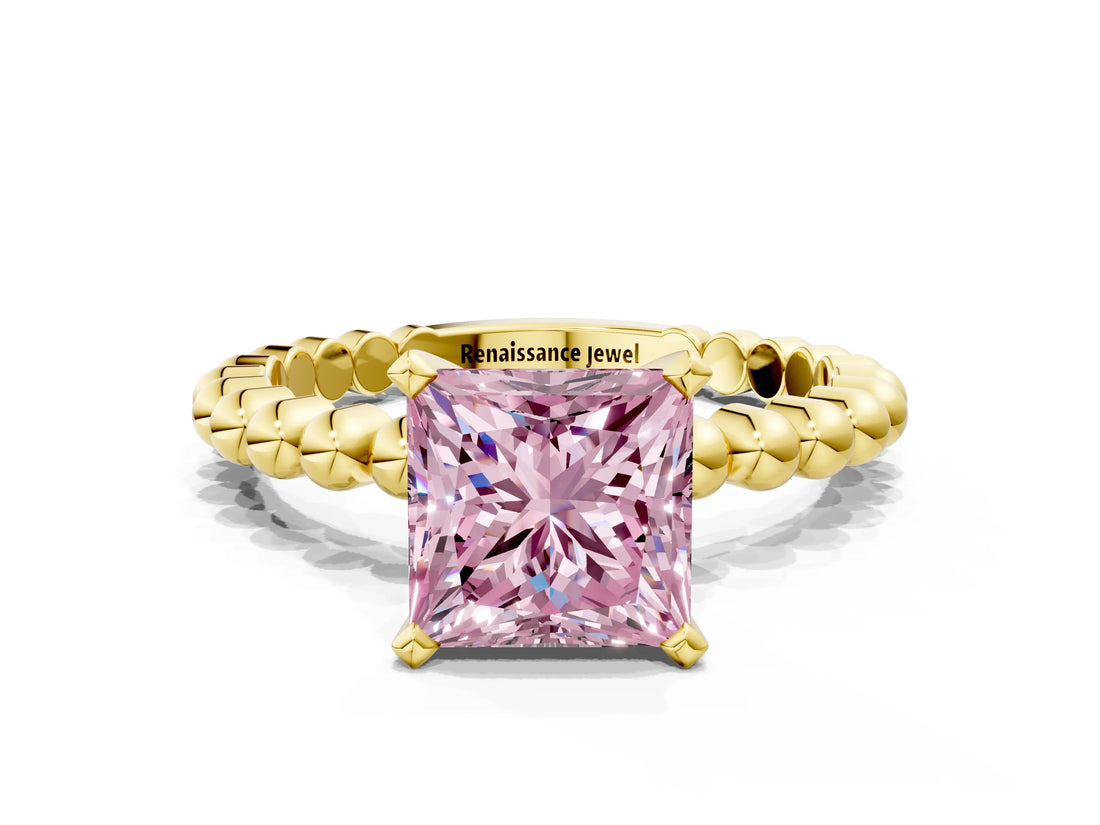 Yellow gold Fancy Pink Princess Cut Diamond Solitaire Ring with Beaded Band and Prong Setting_28