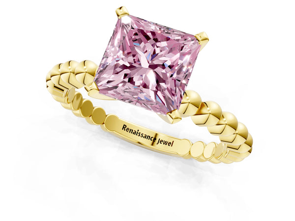 Yellow gold Fancy Pink Princess Cut Diamond Solitaire Ring with Beaded Band and Prong Setting