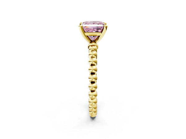 Yellow gold Fancy Pink Princess Cut Diamond Solitaire Ring with Beaded Band and Prong Setting