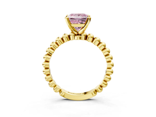 Yellow gold Fancy Pink Princess Cut Diamond Solitaire Ring with Beaded Band and Prong Setting