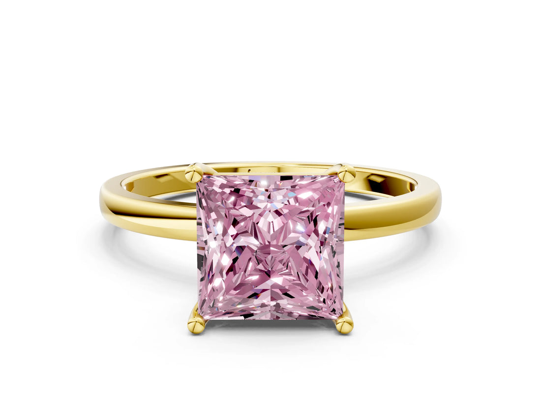 Yellow gold Fancy Pink Princess Cut Diamond Solitaire Ring with Classic Band and Four-Prong Setting