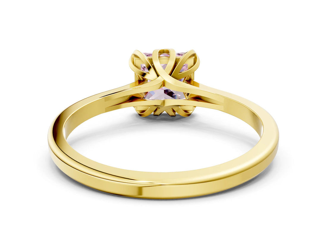 Yellow gold Fancy Pink Princess Cut Diamond Solitaire Ring with Flower Prong Setting and Classic Band_36