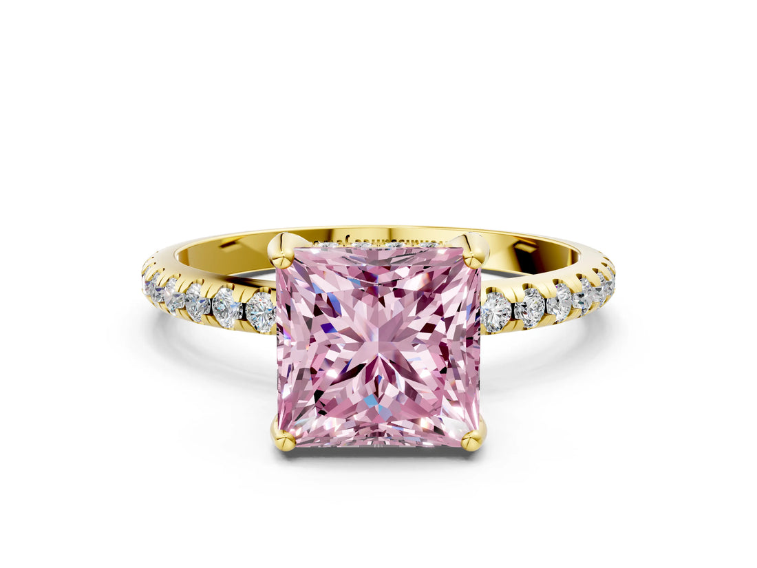 Yellow gold Fancy Pink Princess Cut Diamond Solitaire Ring with Four-Prong Setting and Pavé Band_3