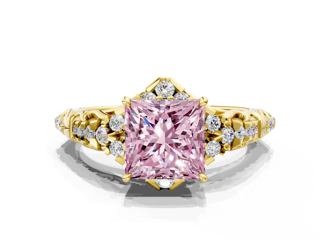 Yellow gold Fancy Pink Princess Cut Diamond Solitaire Ring with Hidden Halo and Pavé Band_27
