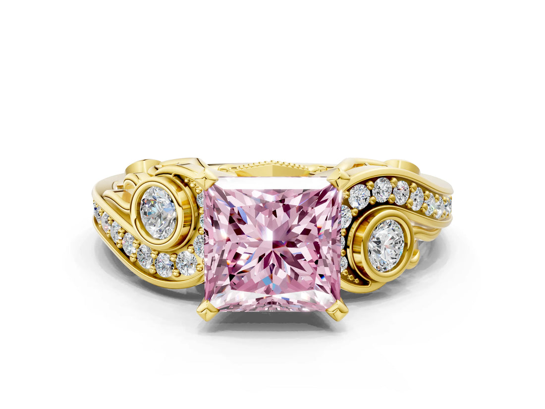 Yellow gold Fancy Pink Princess Cut Diamond Solitaire Ring with Milgrain Pavé Band and Four-Prong Setting_17