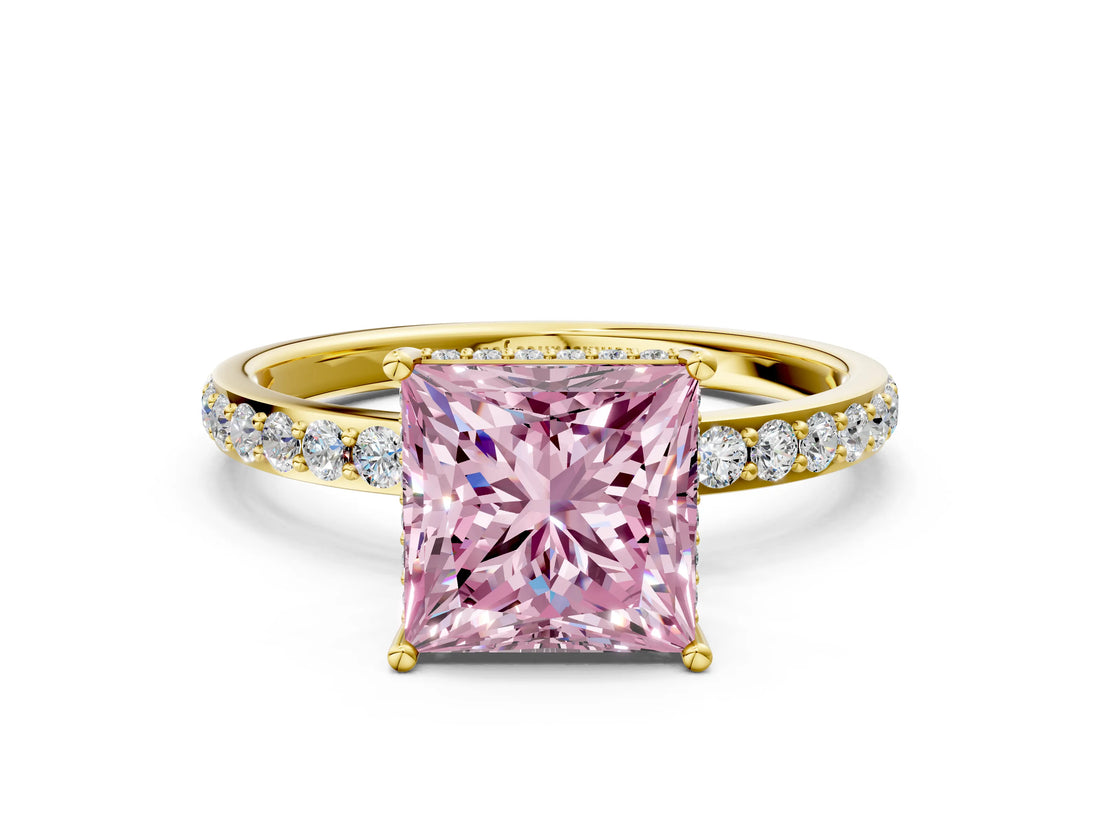 Yellow gold Fancy Pink Princess Cut Diamond Solitaire Ring with Pavé Band and Hidden Halo_19