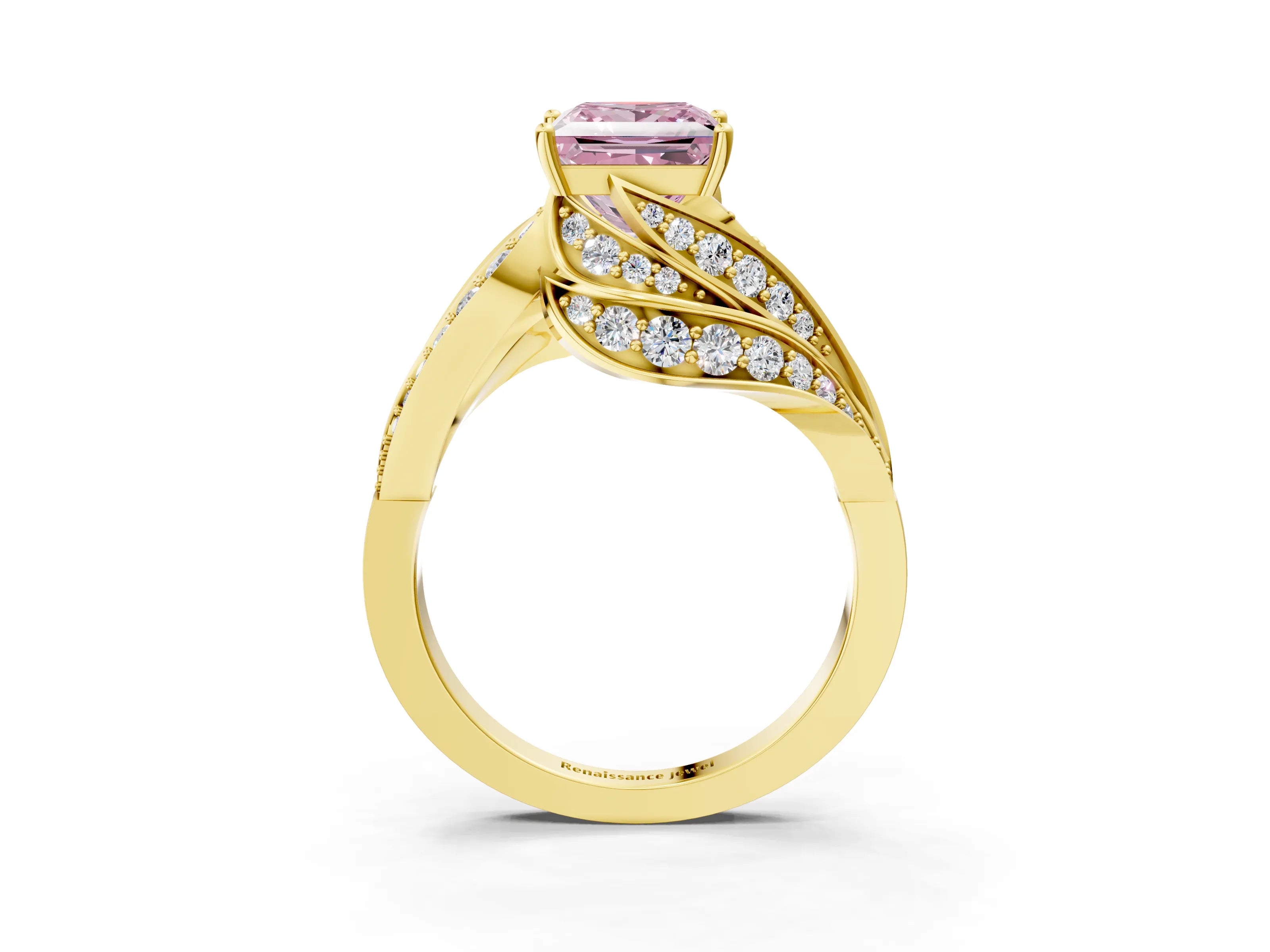Yellow gold Fancy Pink Princess Cut Diamond Solitaire Ring with Prong Setting and Twisted Pavé Band_3
