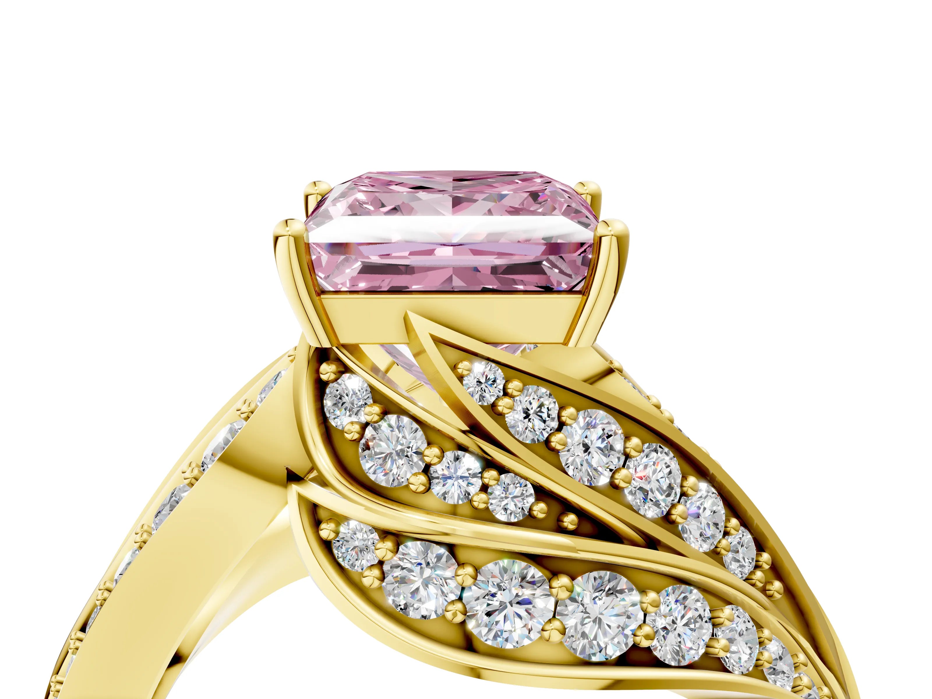 Yellow gold Fancy Pink Princess Cut Diamond Solitaire Ring with Prong Setting and Twisted Pavé Band_4