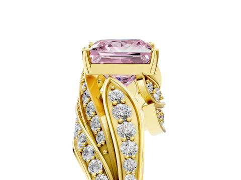 Yellow gold Fancy Pink Princess Cut Diamond Solitaire Ring with Prong Setting and Twisted Pavé Band_5