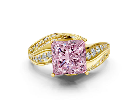 Yellow gold Fancy Pink Princess Cut Diamond Solitaire Ring with Prong Setting and Twisted Pavé Band