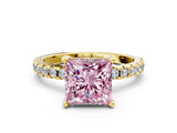 Yellow gold Fancy Pink Princess Cut Diamond Solitaire Ring with Round  Pavé Band and Four-Prong Setting_36