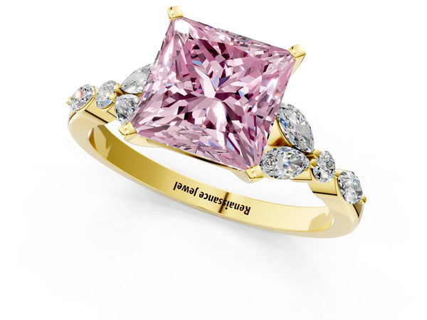 Yellow Gold Princess Cut Engagement Ring Setting for Fancy Pink Center - Design RJ-121