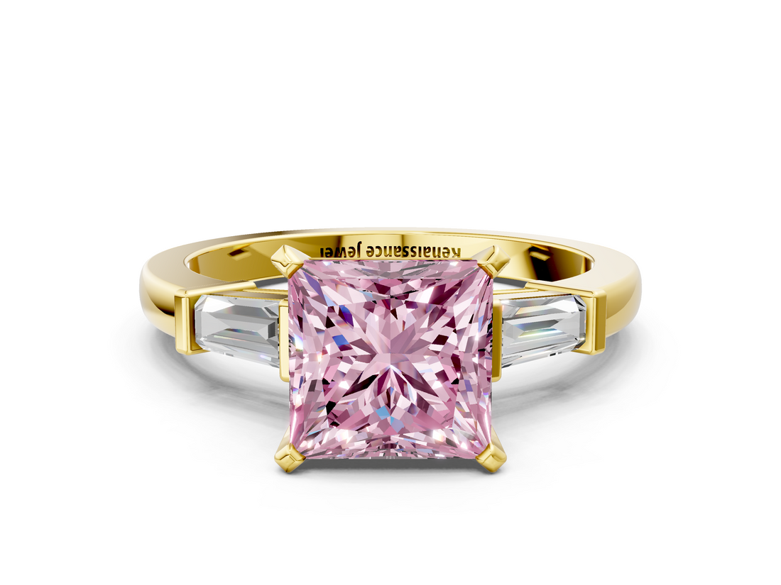 Yellow gold Fancy Pink Princess  Cut Diamond Solitaire Ring with Tapered Baguette Accents and Four-Prong Setting