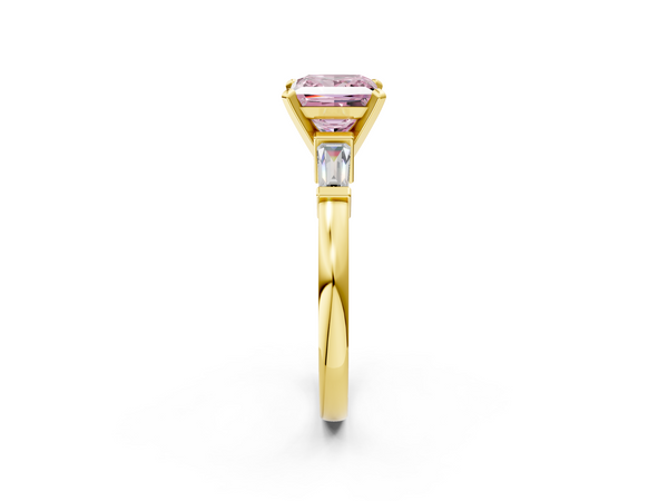 Yellow gold Fancy Pink Princess  Cut Diamond Solitaire Ring with Tapered Baguette Accents and Four-Prong Setting