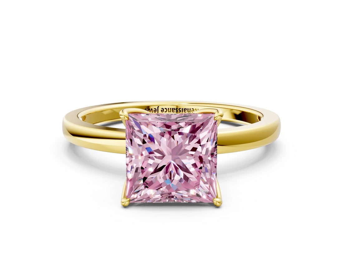 Yellow gold Fancy Pink Princess Cut Diamond Solitaire Ring with Thin Band and Prong Setting_12
