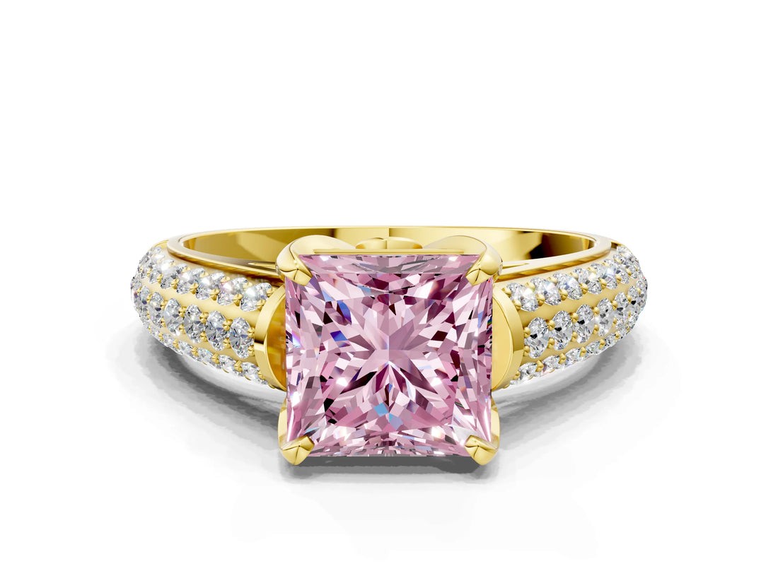 Yellow gold Fancy Pink Princess Cut Diamond Solitaire Ring with Three-Row Pavé Band and Four-Prong Setting_22