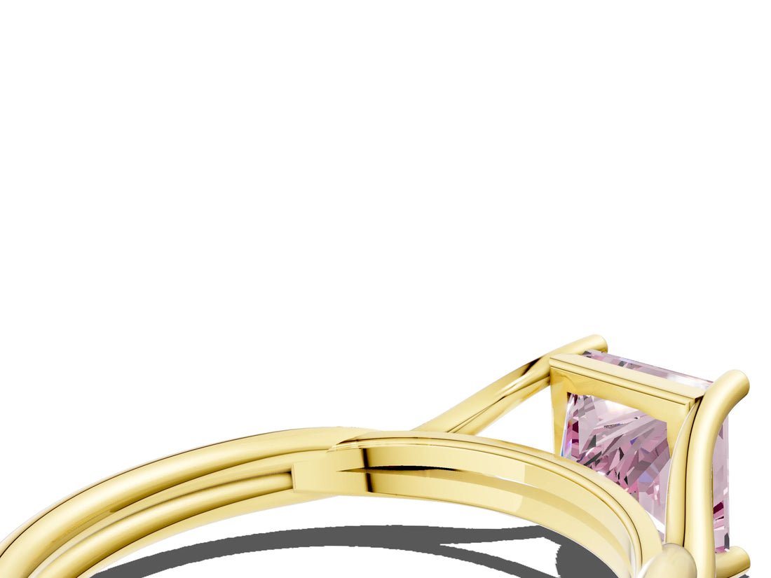 Yellow gold Fancy Pink Princess Cut Diamond Solitaire Twist Band Prong Setting Ring_79