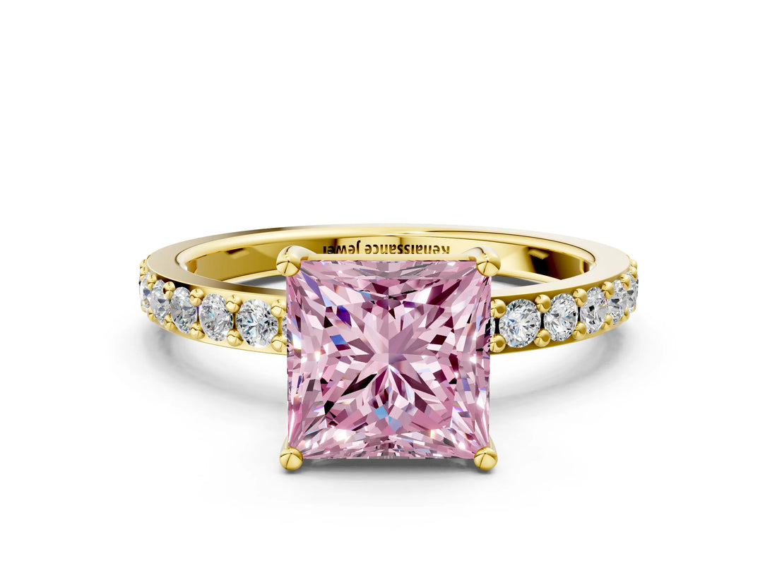 Yellow gold Fancy Pink Princess  Cut Diamond Solitaire with Pave Band and Four-Prong Setting 1