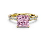 Yellow gold Fancy Pink Princess  Cut Diamond Solitaire with Pave Band and Four-Prong Setting 1