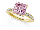 Yellow gold Fancy Pink Princess  Cut Diamond Solitaire with Pave Band and Four-Prong Setting 3