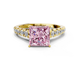 Yellow gold Fancy Pink Princess  Cut Diamond Solitaire with Pave Band and Four-Prong Setting