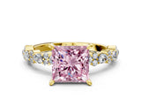 Yellow gold Fancy Pink Princess Cut Diamond Solitaire with Side Stones, Pave Band, Four-Prong Setting_54