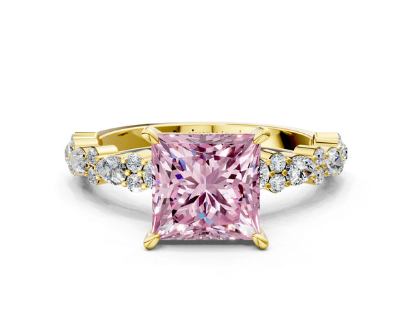Yellow Gold Princess Cut Pear Side Stone Engagement Ring Setting for Fancy Pink Center
