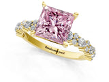 Yellow gold Fancy Pink Princess Cut Diamond Solitaire with Side Stones, Pave Band, Four-Prong Setting_55