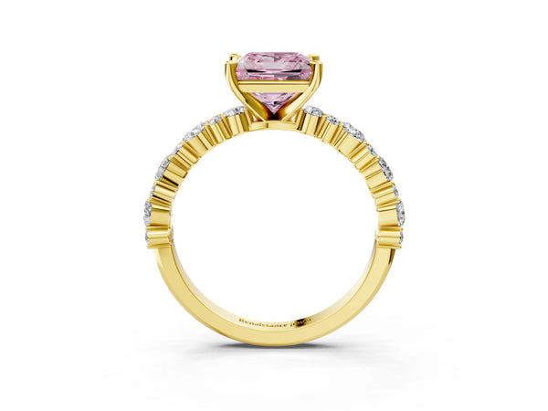 Yellow Gold Princess Cut Pear Side Stone Engagement Ring Setting for Fancy Pink Center
